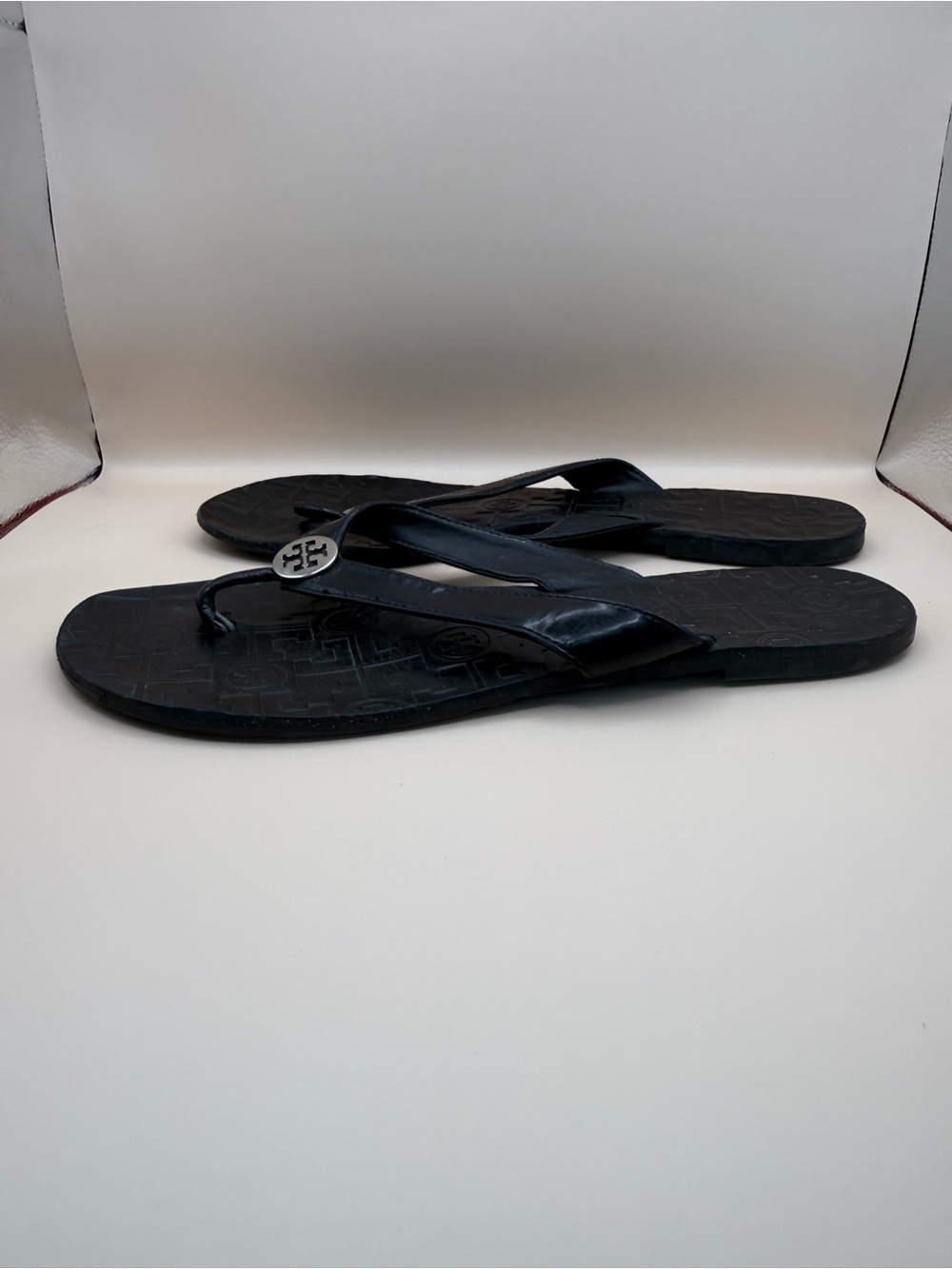Tory Burch Black Leather Thong Slide Sandals Logo Size 10M - Picture 6 of 8